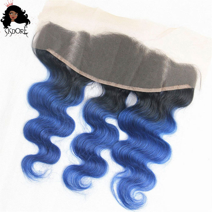 Pre-Plucked Blue Body Wave Hair Frontal with Dark Roots 1B Blue