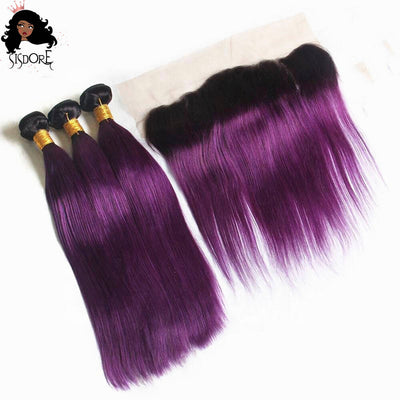 1B/Purple Hair With Black Roots Straight Human Hair Bundles With 13x4 Lace Frontal Two Tone Color
