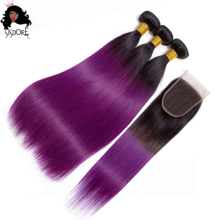 1B/Purple Hair With Black Roots Straight Human Hair Bundles With 4x4 Lace closure Two Tone Color