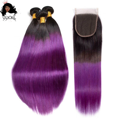 1B/Purple Hair With Black Roots Straight Human Hair Bundles With 4x4 Lace closure Two Tone Color