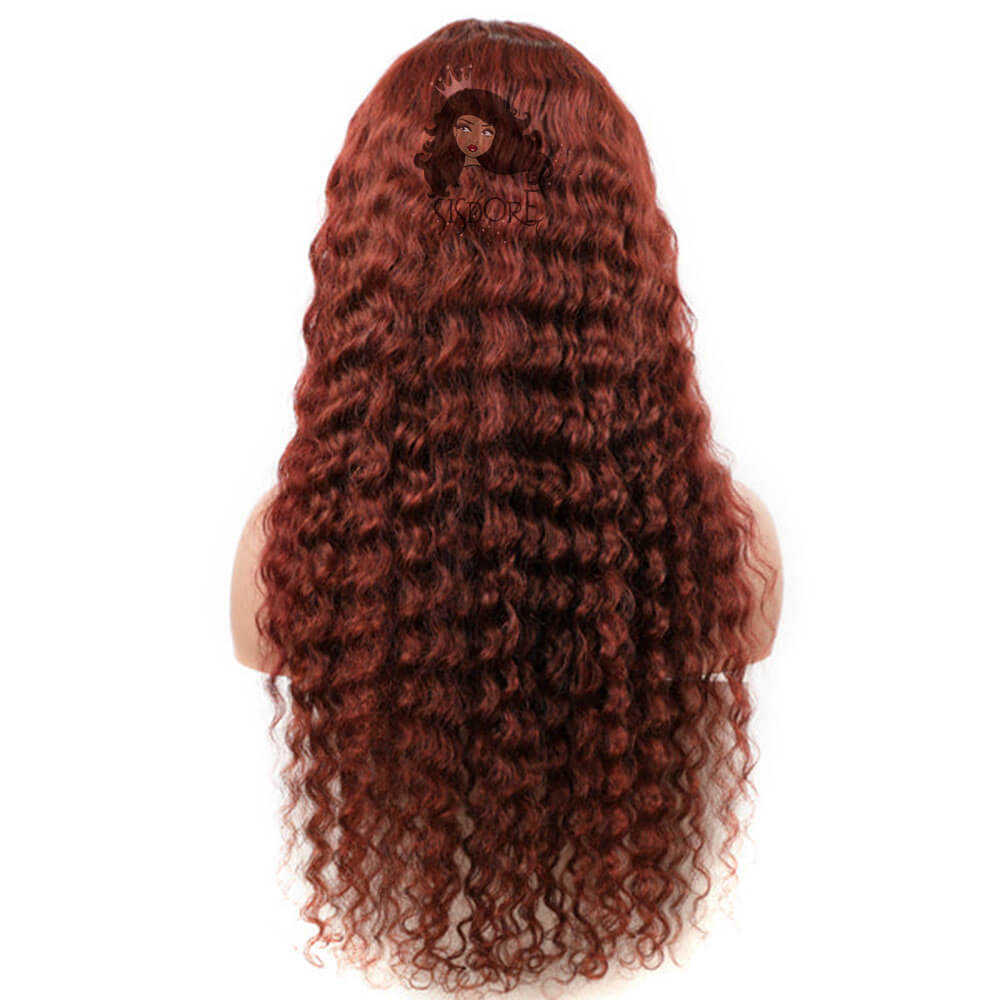 Red Brown Human Hair Wig, Brownish Copper Hair Deep Wave Lace Front Wigs #33