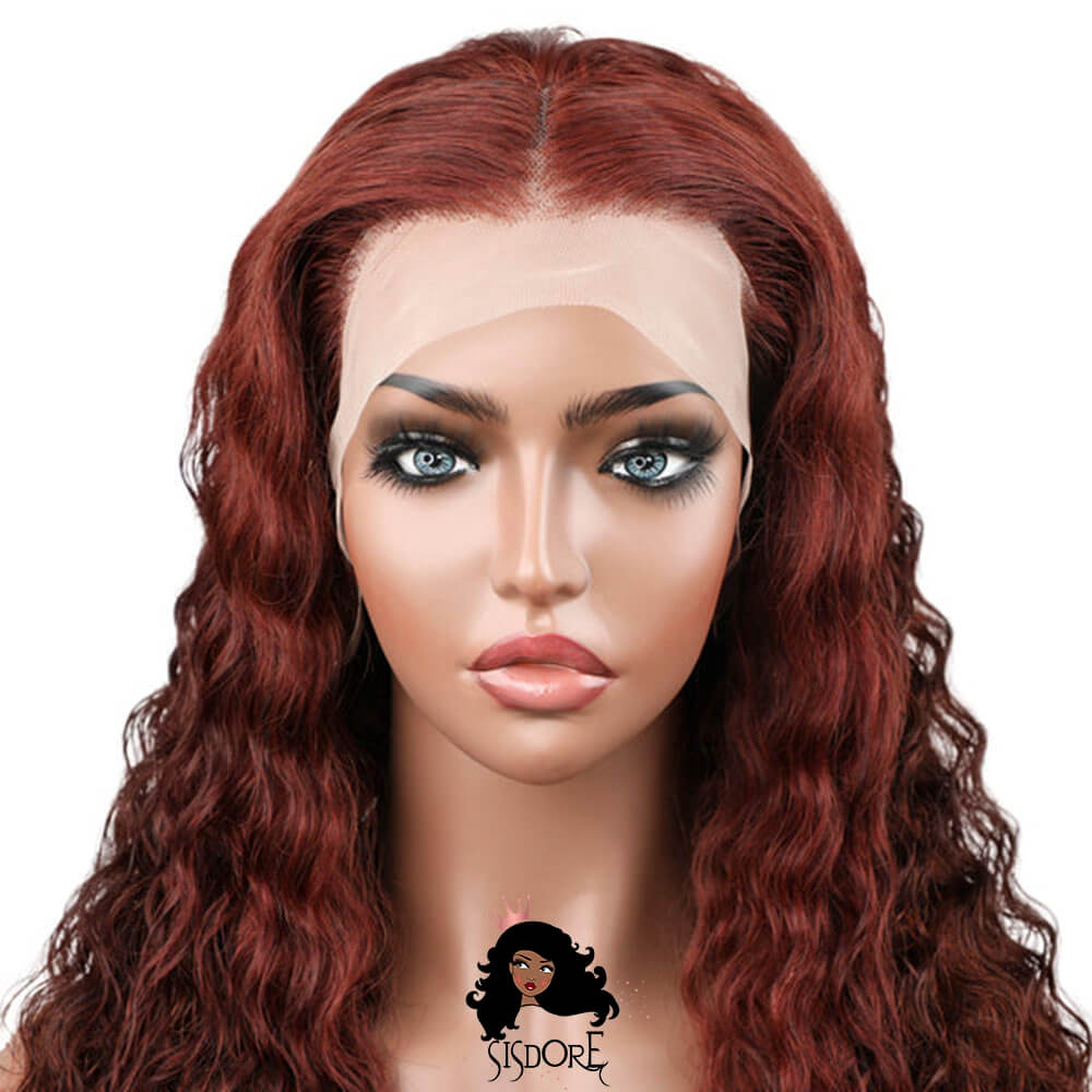Red Brown Human Hair Wig, Brownish Copper Hair Deep Wave Lace Front Wigs #33