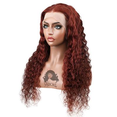 Red Brown Human Hair Wig, Brownish Copper Hair Deep Wave Lace Front Wigs #33