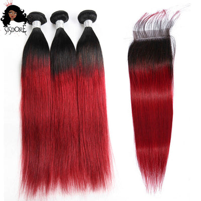 1B/Red Dark Roots Ombre Straight Human Hair Weaves 3 Bundles With 4x4 HD Lace Closure 