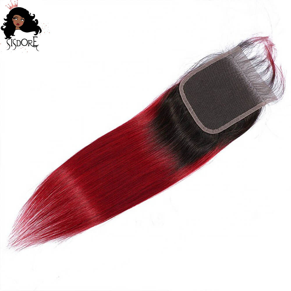 1B/Red Dark Roots Ombre Straight Human Hair 4x4 Lace Closure