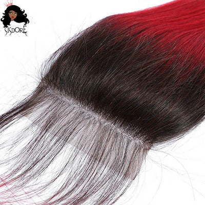 1B/Red Dark Roots Ombre Straight Human Hair 4x4 Lace Closure
