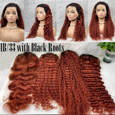 Dark Auburn Wig, Reddish Brown Human Hair Lace Front Wig with Black Roots 1b/33
