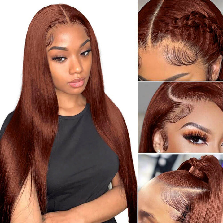 Reddish Brown Wigs, #33 Dark Auburn Straight Human Hair Lace Front Wigs