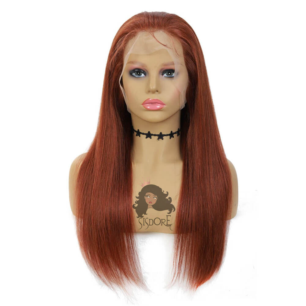 Reddish Brown Wigs, #33 Dark Auburn Straight Human Hair Lace Front Wigs