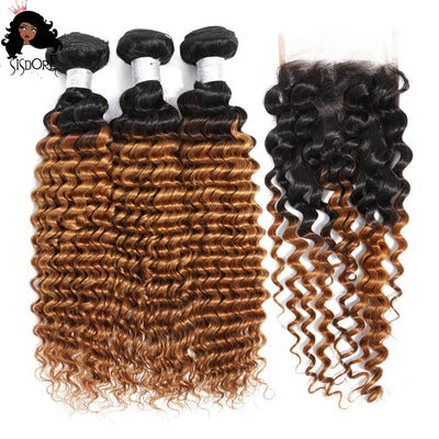 T1B/30 Deep Wave Light Auburn Brown Hair With Black Roots Brazilian Hair Weaves 3 Bundles With 4X4 HD Lace Closure