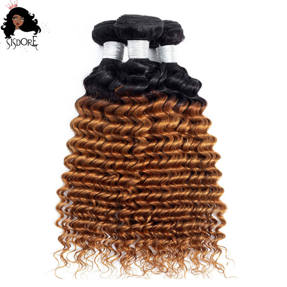 T1B/30 Deep Wave Light Auburn Brown Hair With Black Roots Brazilian Hair Weaves 3 Bundles 