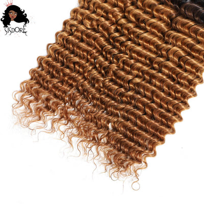 T1B/30 Deep Wave Light Auburn Brown Hair With Black Roots Brazilian Hair Weaves 3 Bundles 