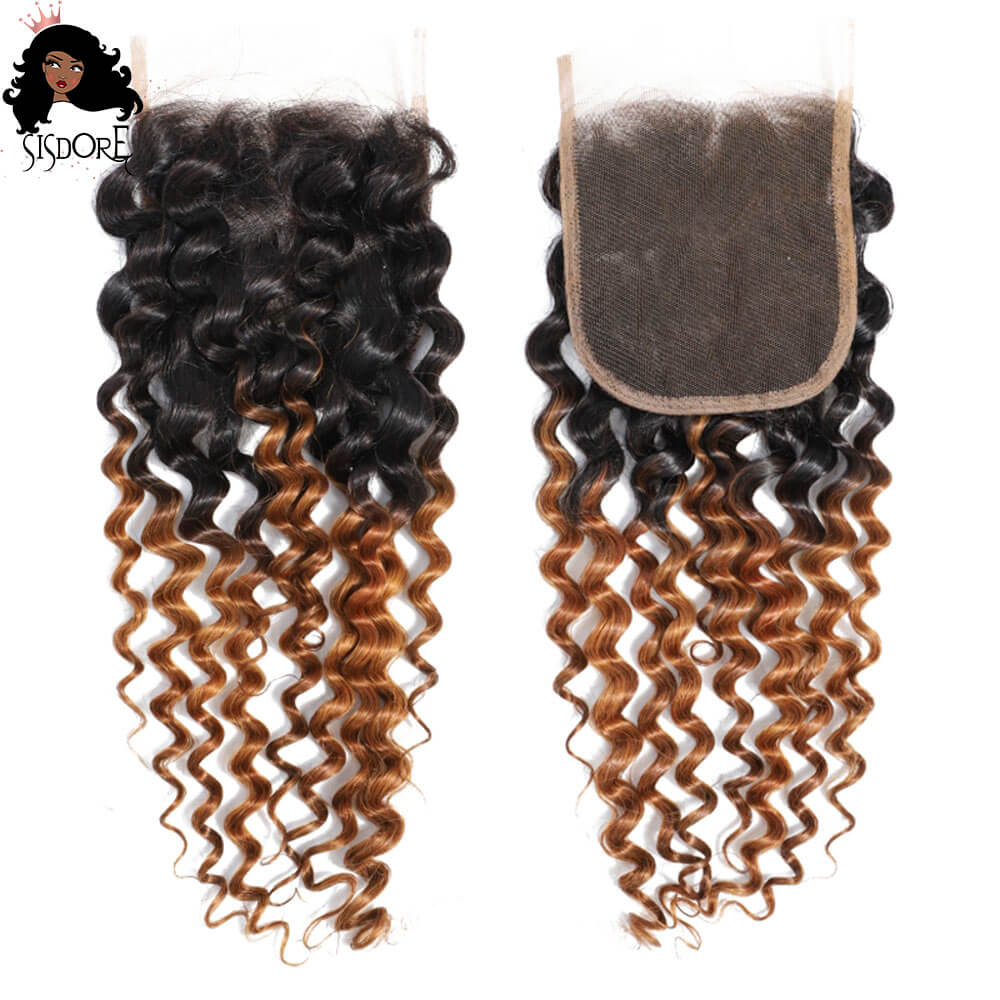 T1B/30 Deep Wave Light Auburn Brown Hair With Black Roots Brazilian Hair 4X4 HD Lace Closure