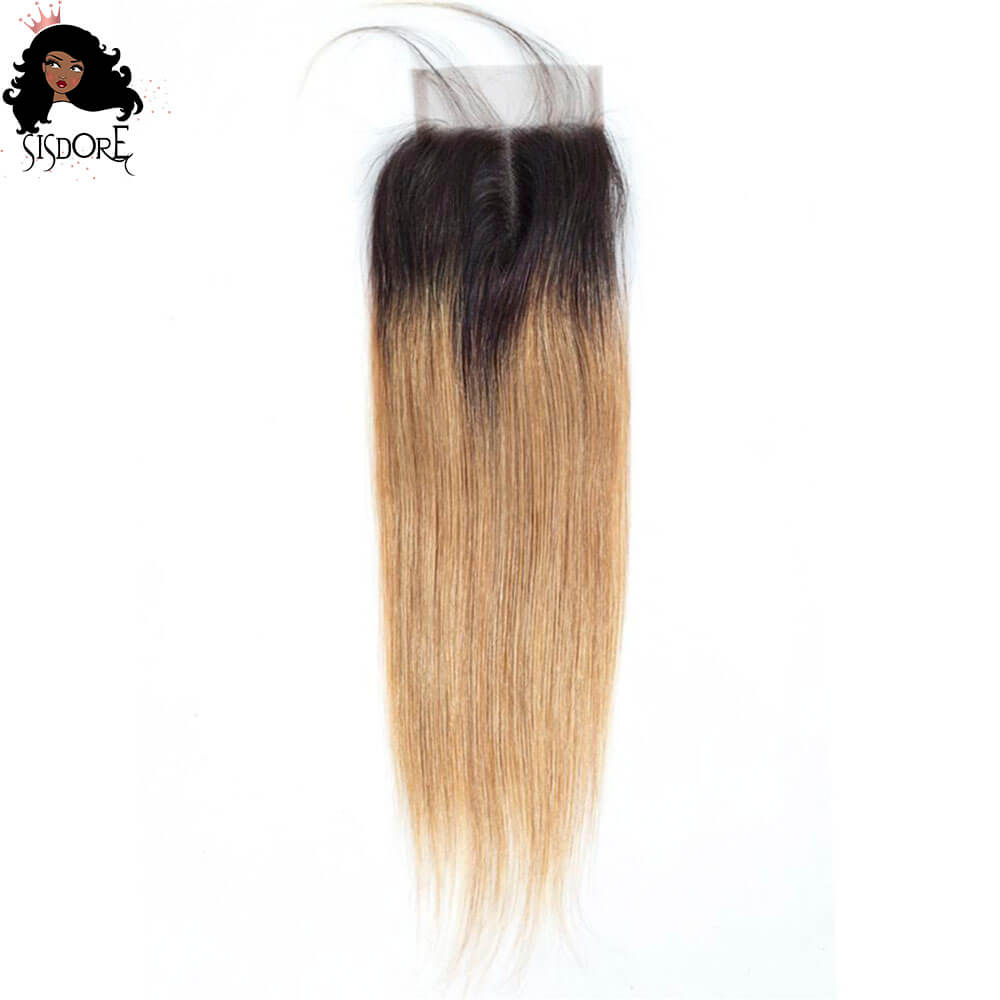 1B 27 Strawberry blonde with black roots straight human hair hd lace closure