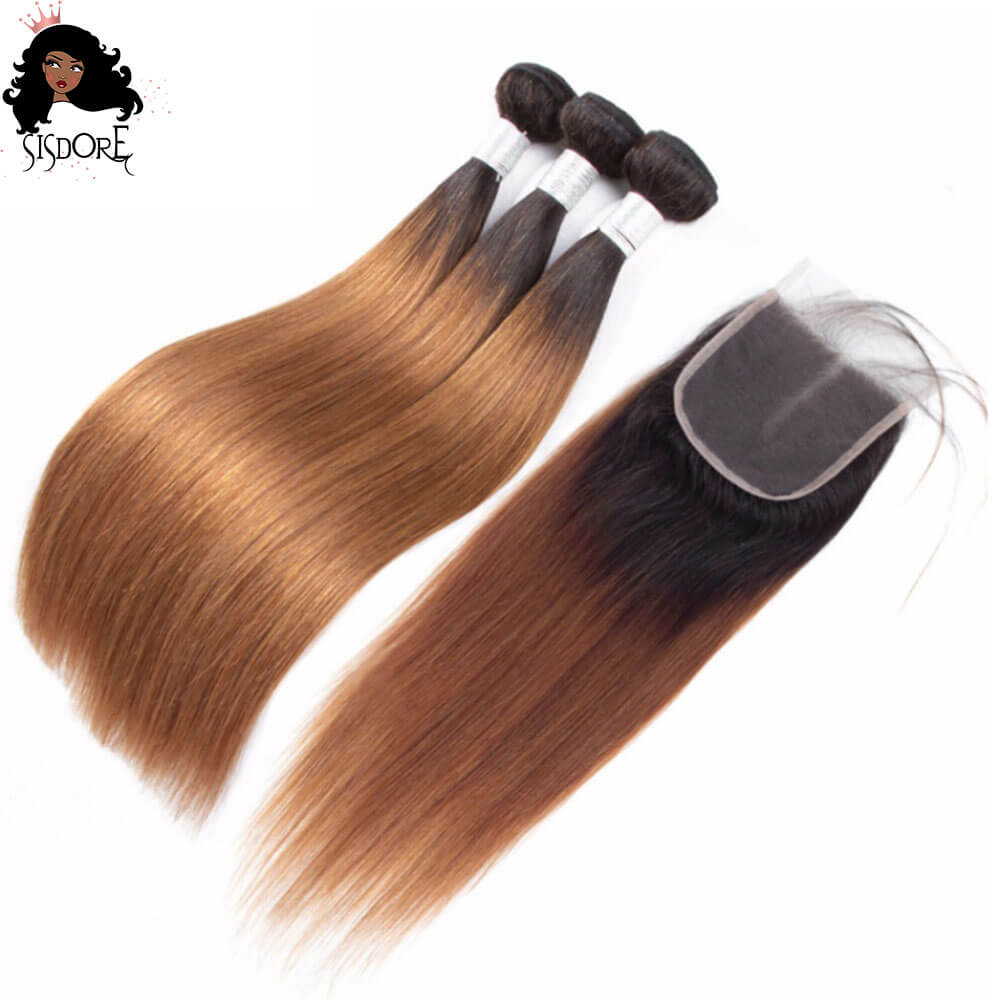 T1B/30 Light Auburn Brown With Black Roots Ombre Straight Hair Weaves 3 Bundles With Closure