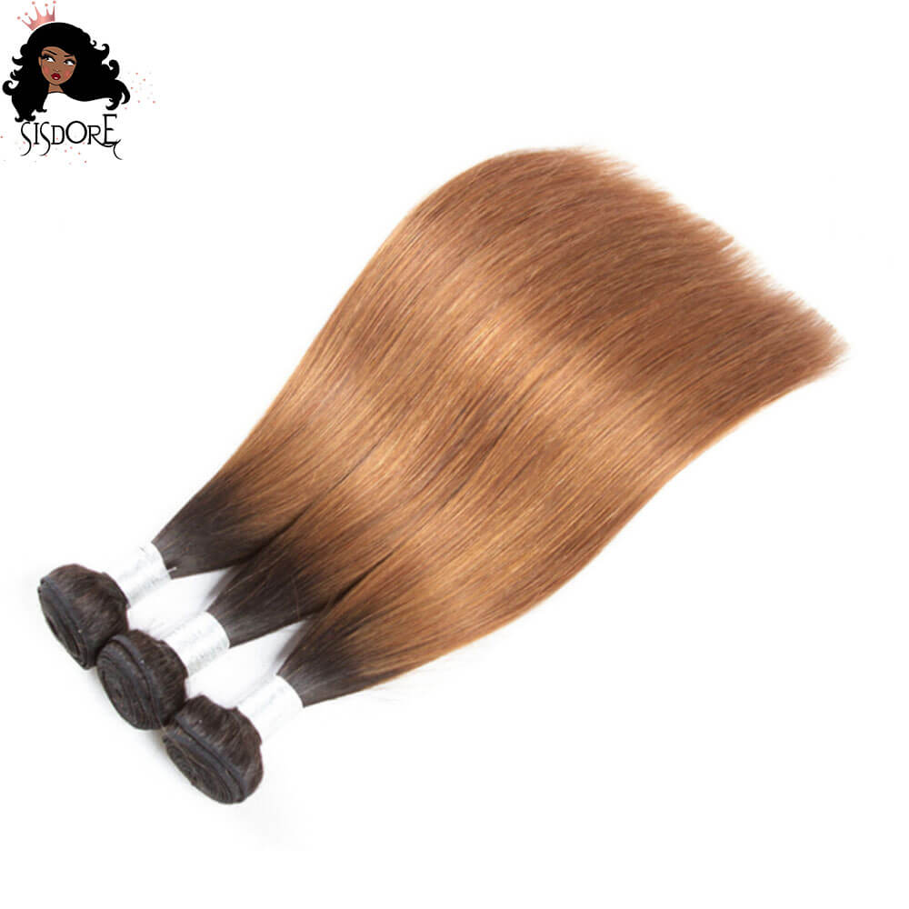 T1B/30 Light Auburn Brown With Black Roots Ombre Straight Hair Weaves 3 Bundles 