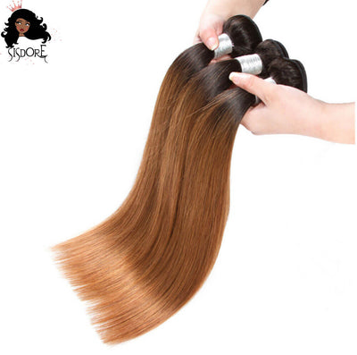 T1B/30 Light Auburn Brown With Black Roots Ombre Straight Hair Weaves 3 Bundles Deal