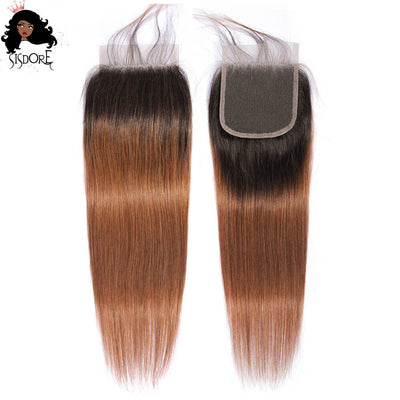 T1B/30 Light Auburn Brown With Black Roots Ombre Straight Hair Transparent Lace Closure