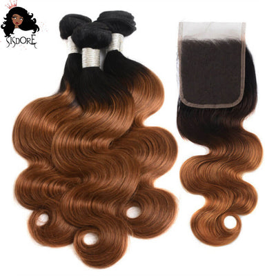 T1B/30 Aurbun Brown With Black Roots Two Tone Ombre Body Wave Virgin Human Hair Bundles With 4x4 HD Lace Closure