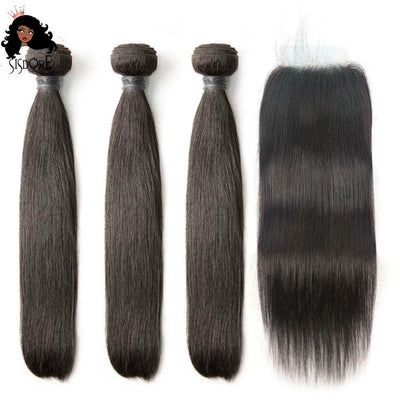 Natural Black 1b virgin brazilian hair weaves 3 bundles with 4x4 lace closure 