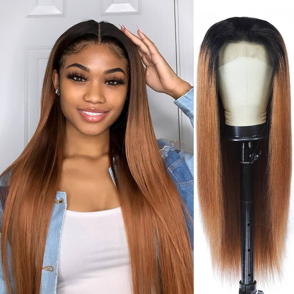 1B 30 Straight Auburn Brown Human Hair Wigs With Black Roots