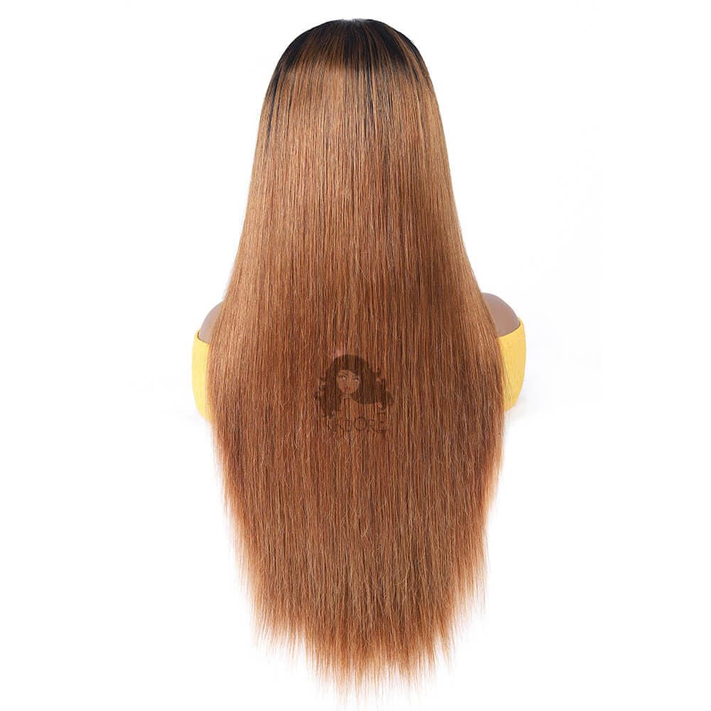 1B 30 Straight Auburn Brown Human Hair Wigs With Black Roots