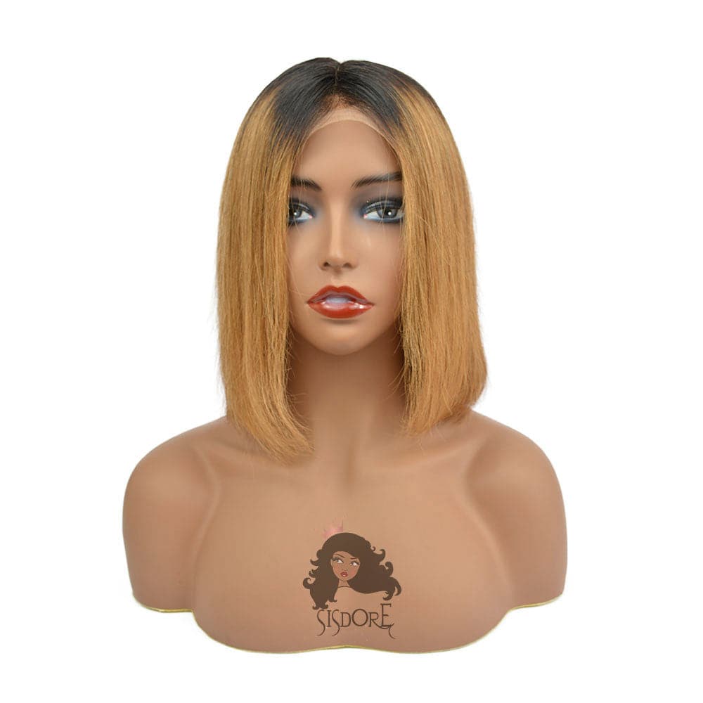 1b 30 straight auburn human hair with black roots short bob lace front wig  10 inch