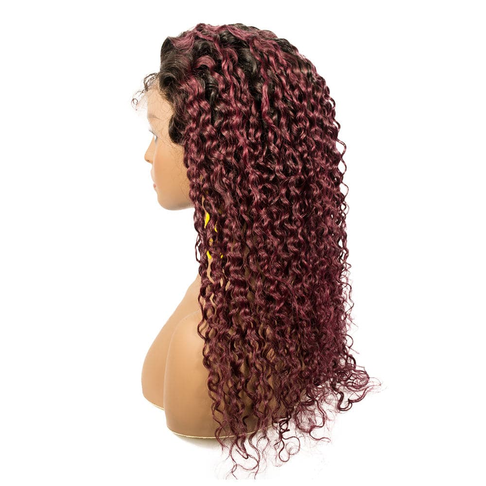 1B/99J Burgundy Curly Hair Lace Front Wig With Dark Roots