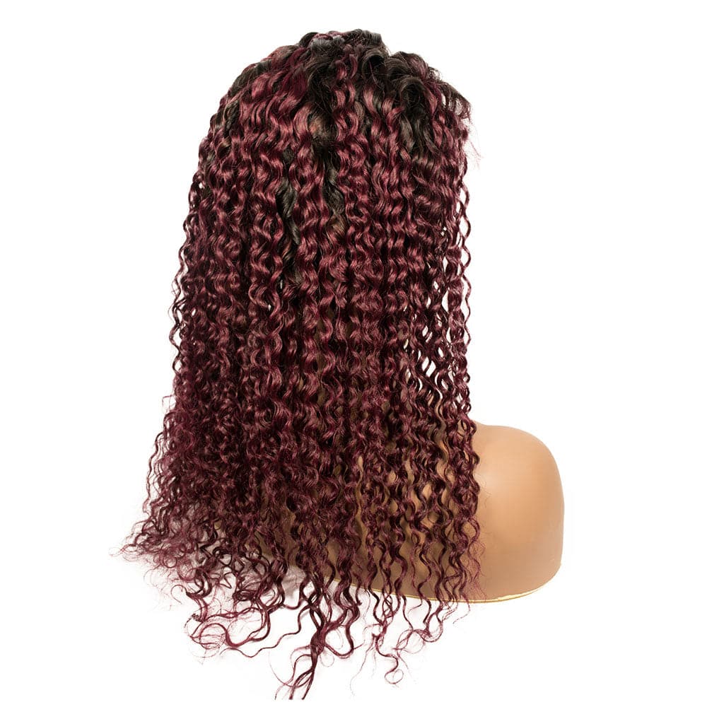 1B/99J Burgundy Curly Hair Lace Front Wig With Dark Roots