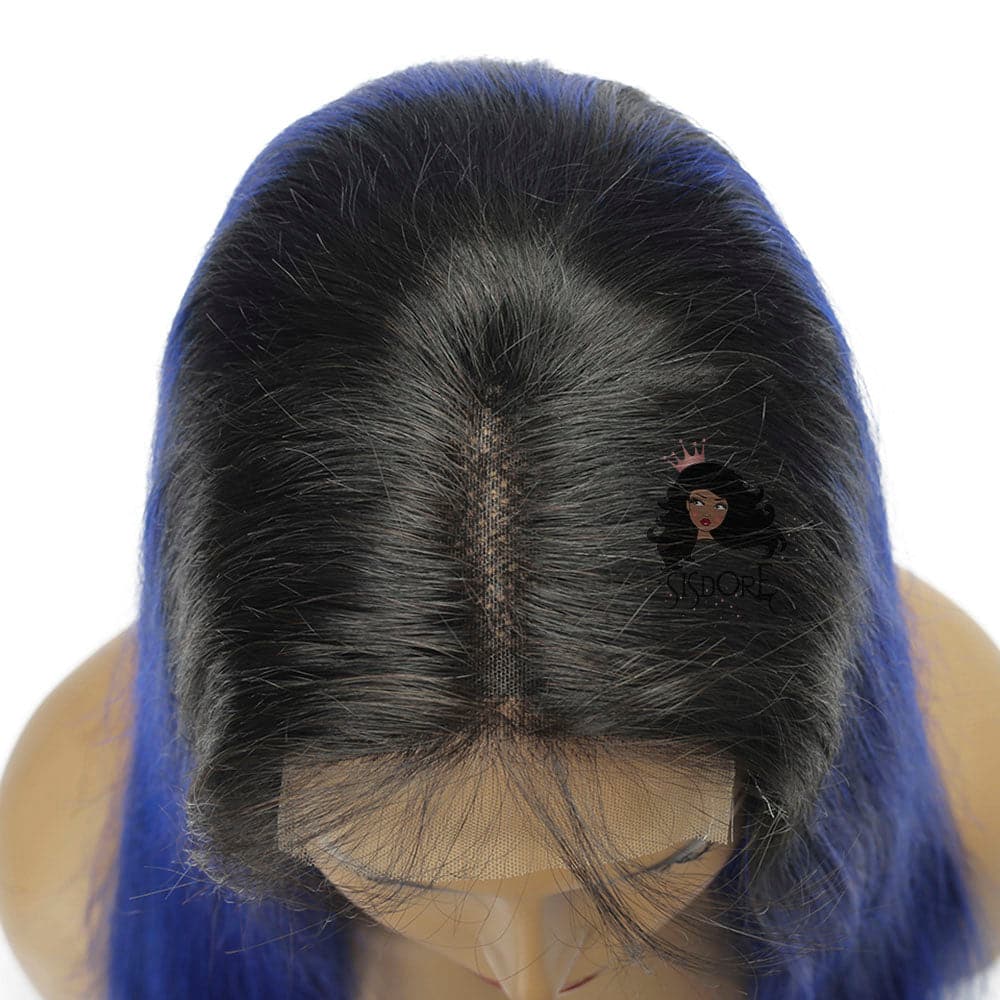 Light Blue Human Hair Lace Closure Wigs With Black Roots-top