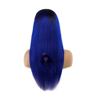 Light Blue Human Hair Lace Closure Wigs With Black Roots