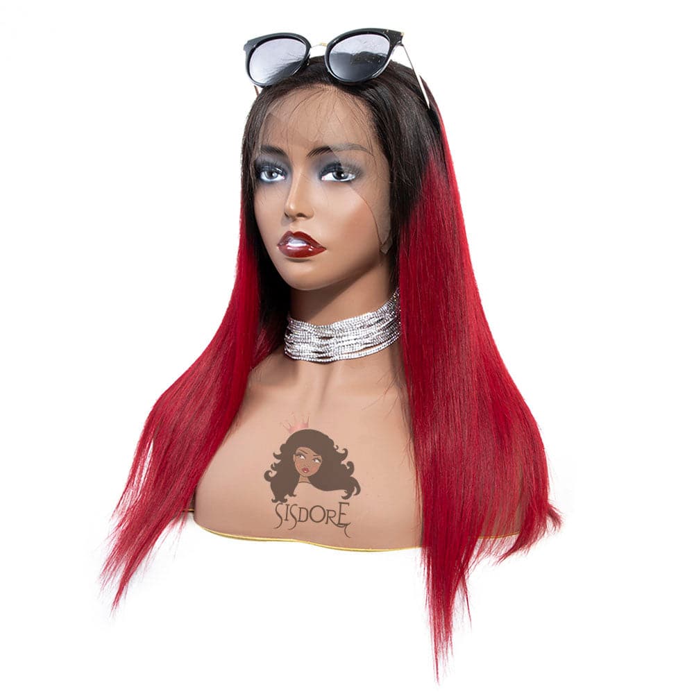 Dark Red Straight Human Hair Lace Front Wig With Black Roots