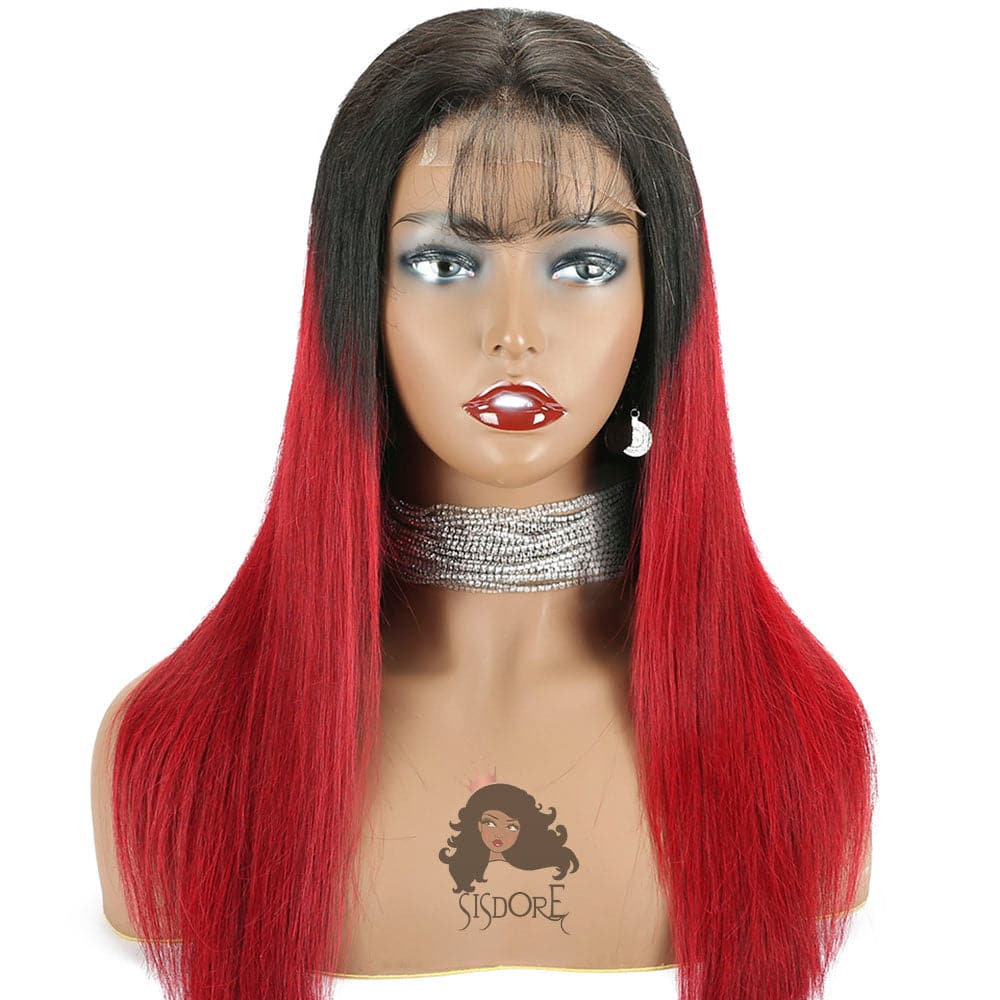 Dark Red Straight Human Hair Lace Front Wig With Black Roots