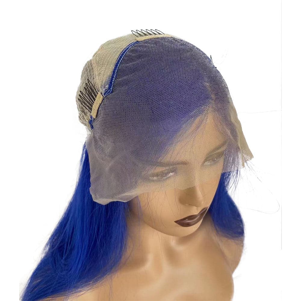 Bright Blue Straight Virgin Human Hair 13x4 Glueless Lace Front Wig cap