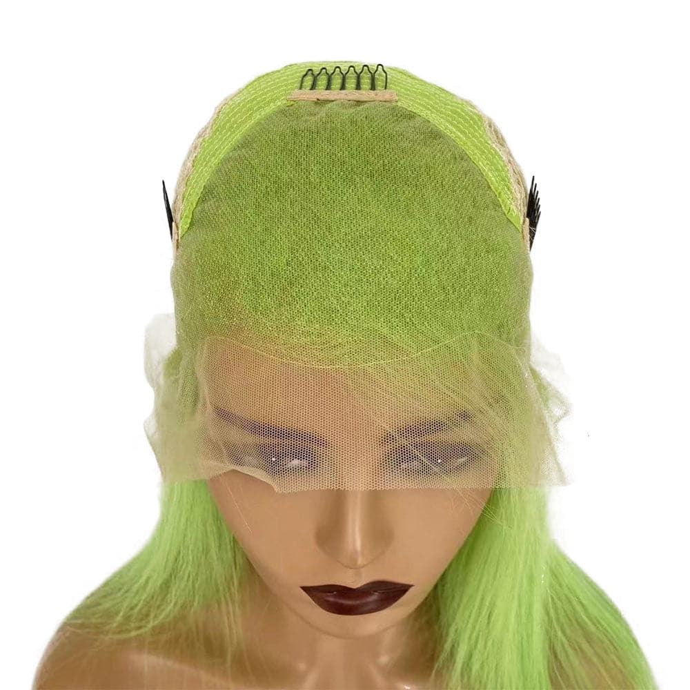 Bright Lime Green Straight Human Hair 13x4 Transparent Lace Front Wig Cap Front Side