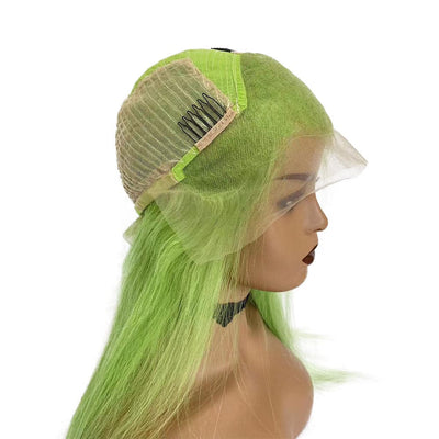 Bright Lime Green Straight Human Hair 13x4 Transparent Lace Front Wig Cap Left Side