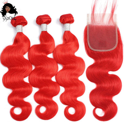Bright red body wave human hair bundles with closure
