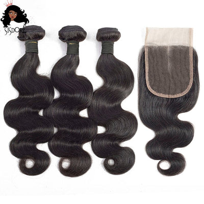 Natural color body wave human hair weaves 3 bundles with lace closure