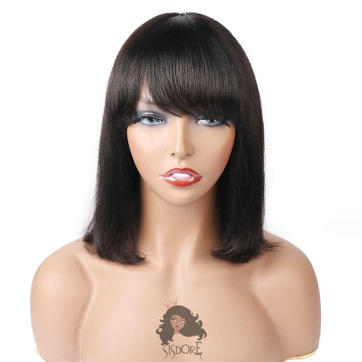 Natural color straight human hair HD lace closure/frontal bob wig with bangs 12 inch