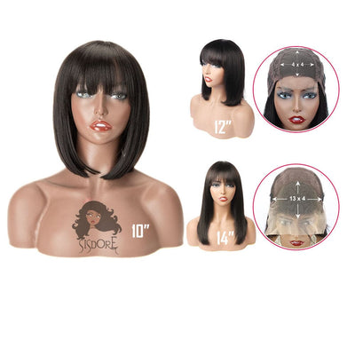 Black Straight 4x4 Closure Bob Wig, 13x4 HD Lace Front Wig With Bangs