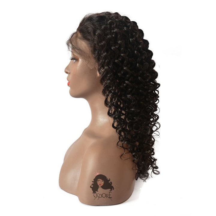 deep curly natural black color human hair lace front wig with baby hair