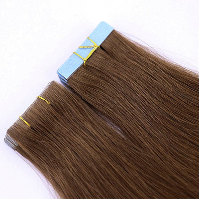 hand-tied invisible tape in straight human hair extensions medium brown 4