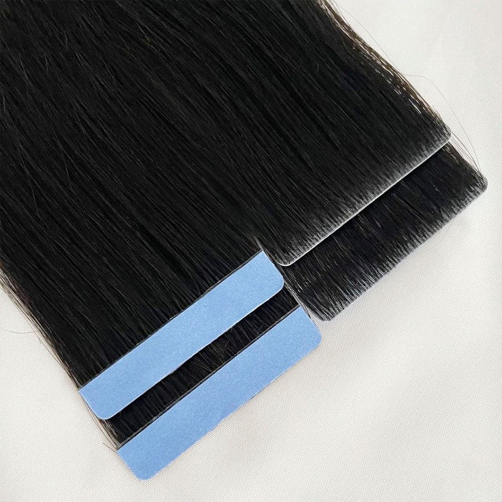 hand-tied invisible tape in straight jet black human hair extensions detailed picture