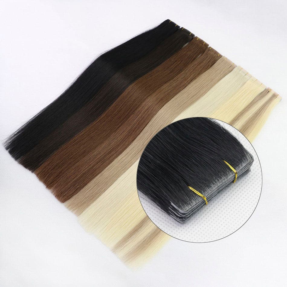 hand-tied invisible tape in straight human hair extensions
