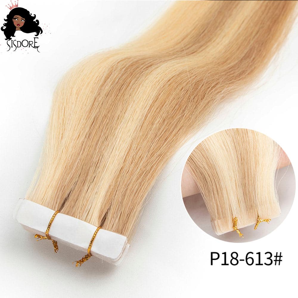18 613 piano color straight hand-tied invisible tape in straight human hair extensions