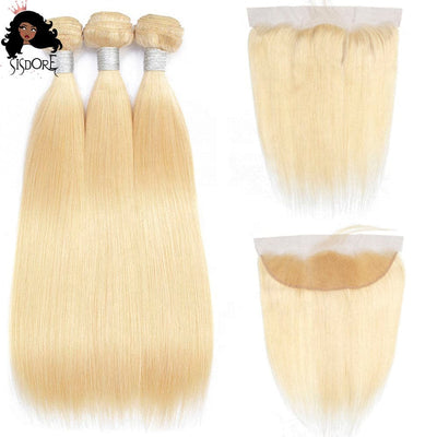 Blonde  613 Straight Virgin Human Hair Bundles With 13x4 Lace Frontal