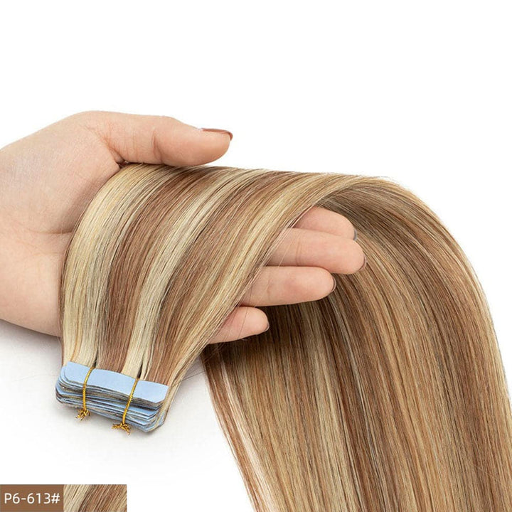6 613 brown with blonde highlight skin weft piano color tape in straight human hair extensions