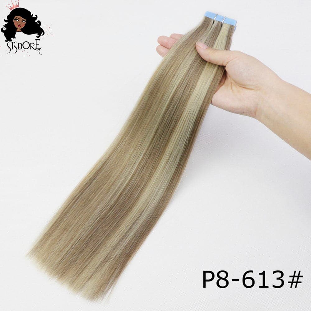 8 613 brown with blonde highlight skin weft piano color tape in straight human hair extensions
