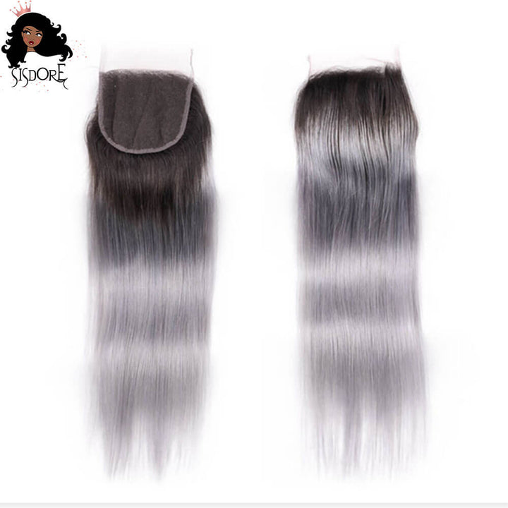 Silver Gray Hair Bundles With Closure Straight Human Hair Black Roots