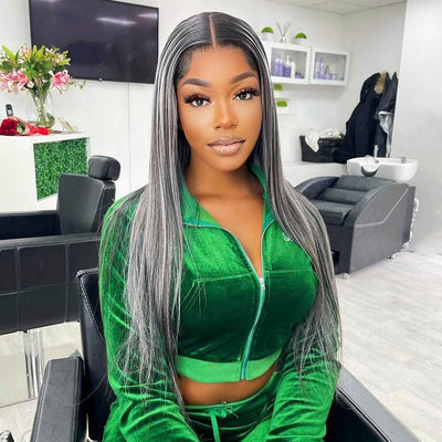 Grey Highlights on Black Straight Hair Lace Wigs